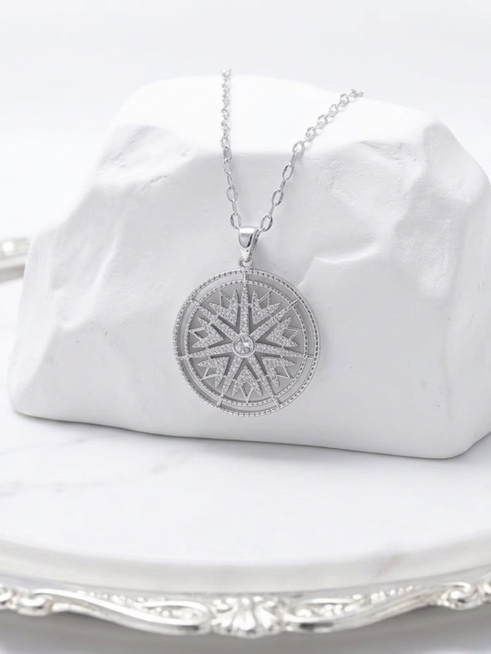 Silver Compass Star Pendant Necklace - Round CZ Medallion